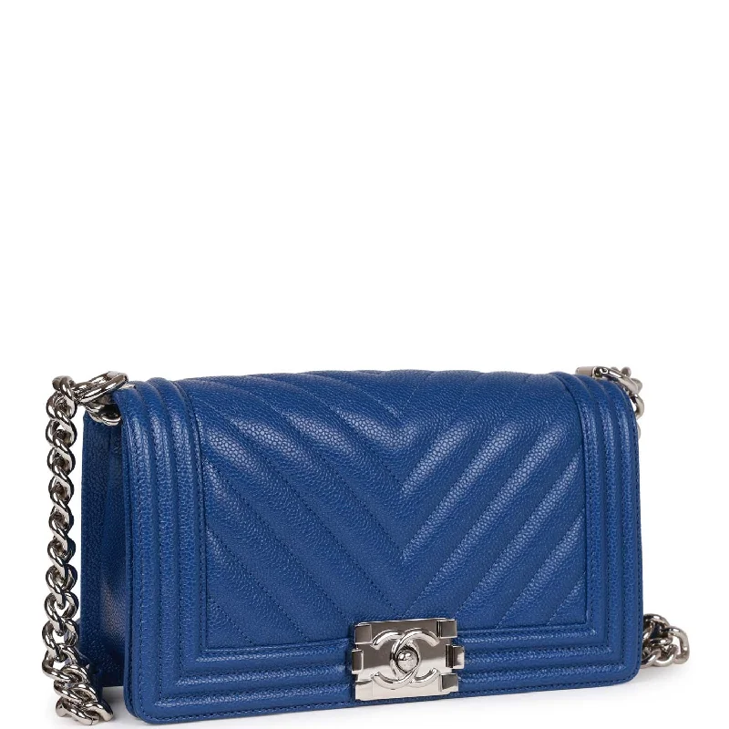 Chanel Medium Boy Bag Blue Chevron Caviar Silver Hardware