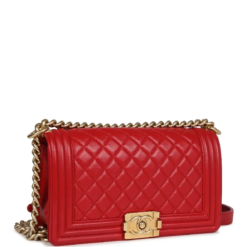 Chanel Medium Boy Bag Red Lambskin Antique Gold Hardware