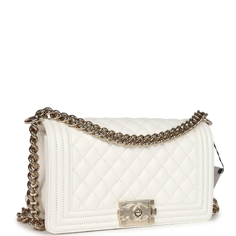 Chanel Medium Boy Bag White Caviar Light Gold Hardware