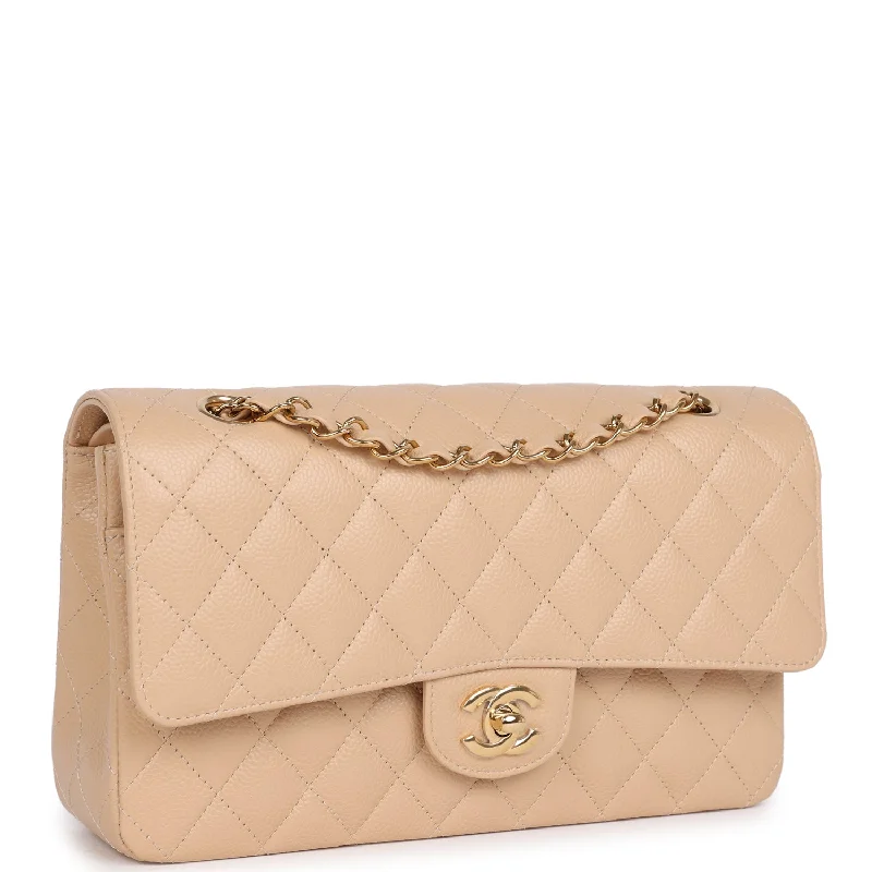 Chanel Medium Classic Double Flap Bag Beige Caviar Gold Hardware