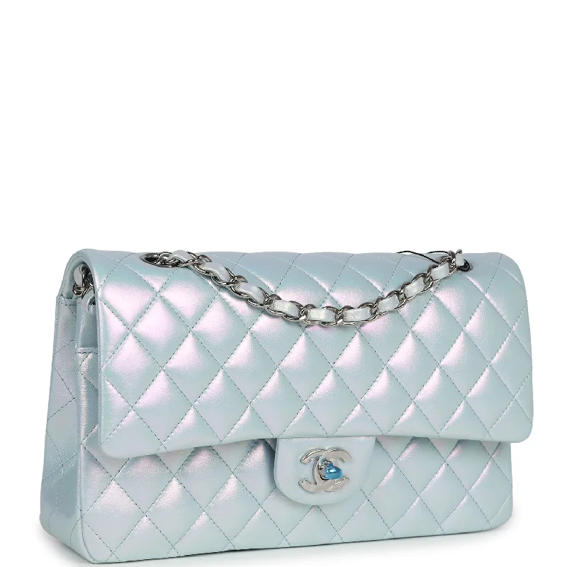 Chanel Medium Classic Double Flap Bag Blue Iridescent Calfskin Silver Hardware