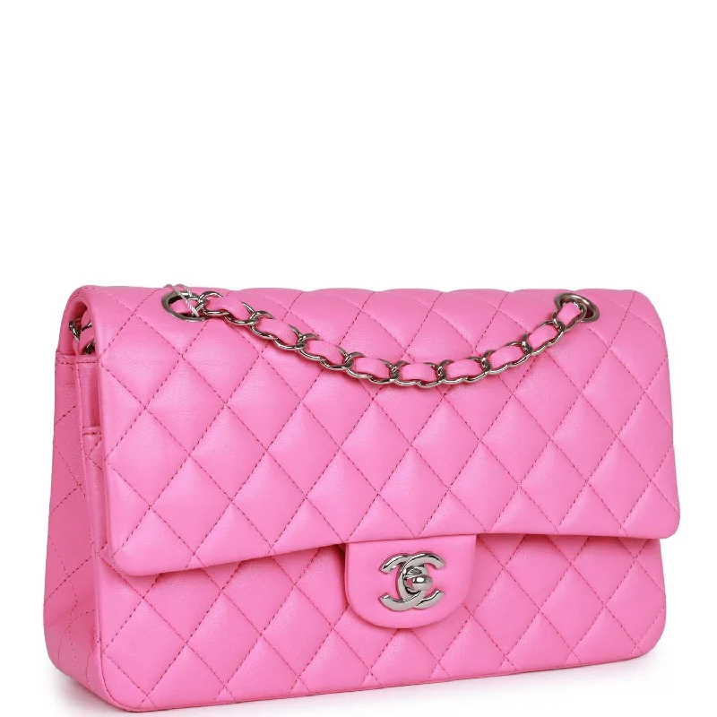 Chanel Medium Classic Double Flap Bag Neon Pink Lambskin Silver Hardware