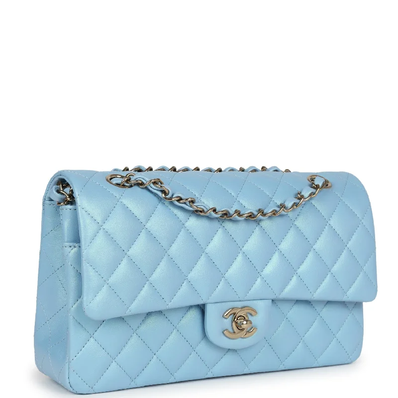 Chanel Medium Classic Double Flap Bag Light Blue Iridescent Calfskin Gold Hardware