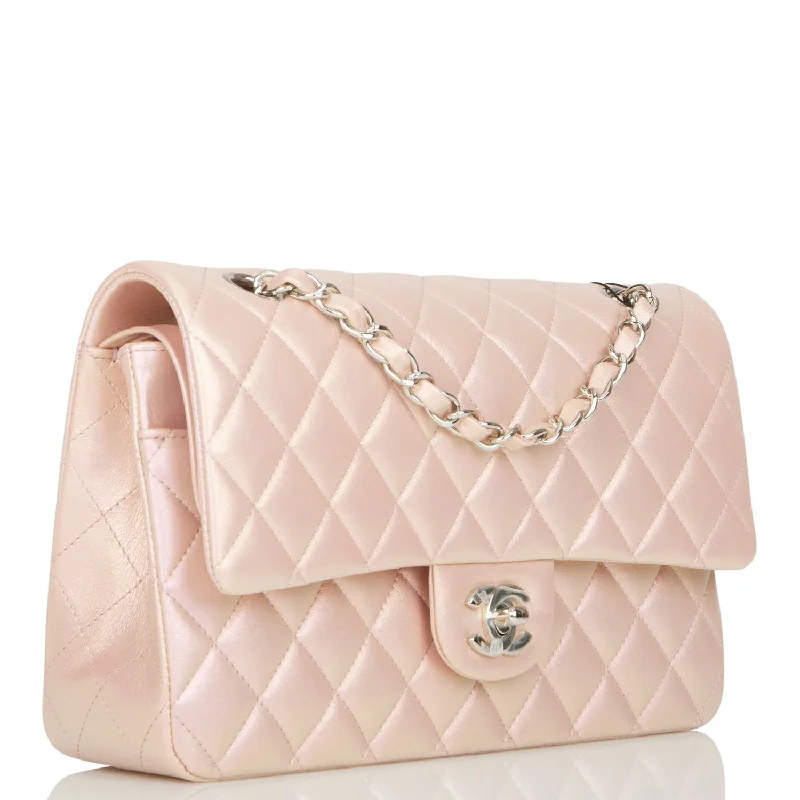 Chanel Medium Classic Double Flap Bag Pink Iridescent Lambskin Silver Hardware