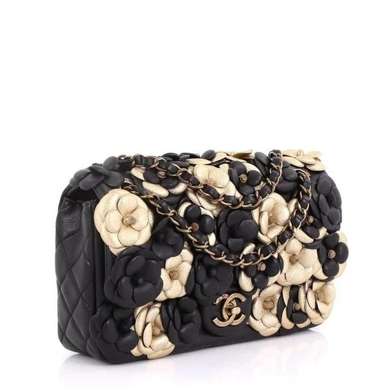 CHANEL METALLIC LAMBSKIN CAMELLIA FLAP BAG