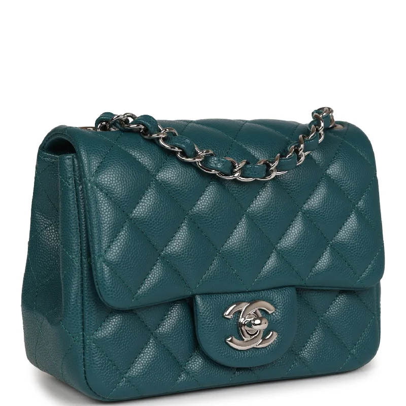 Chanel Mini Square Flap Bag Dark Green Caviar Silver Hardware