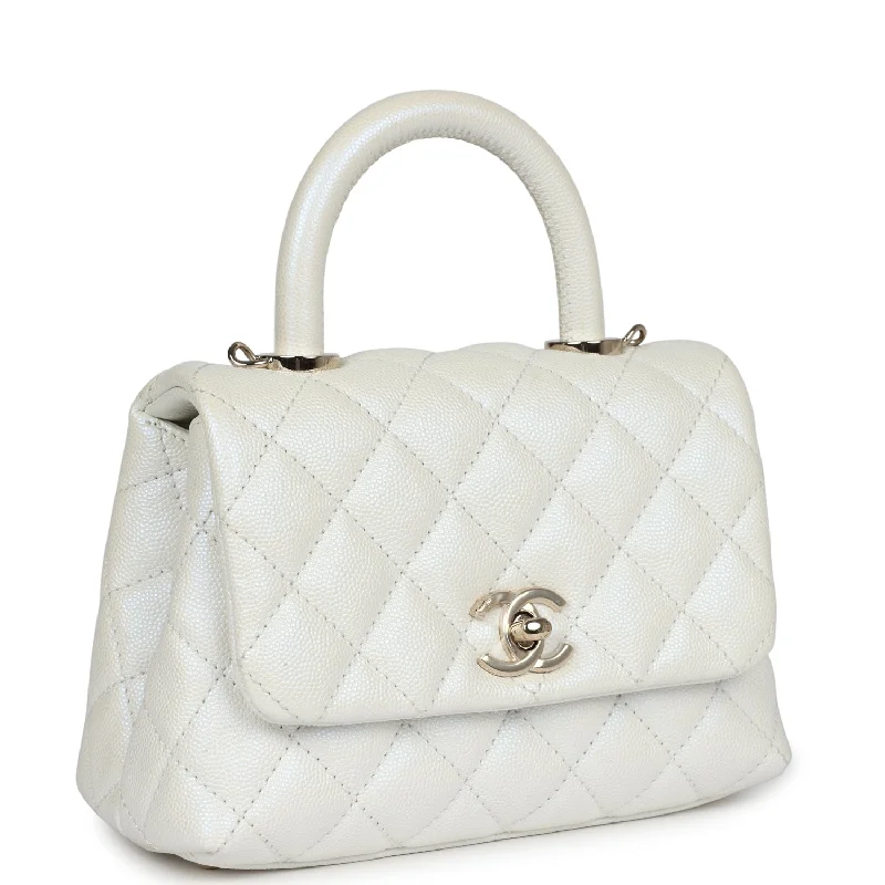 Chanel Mini Coco Handle Flap Bag Ivory Pearly Iridescent Caviar Light Gold Hardware