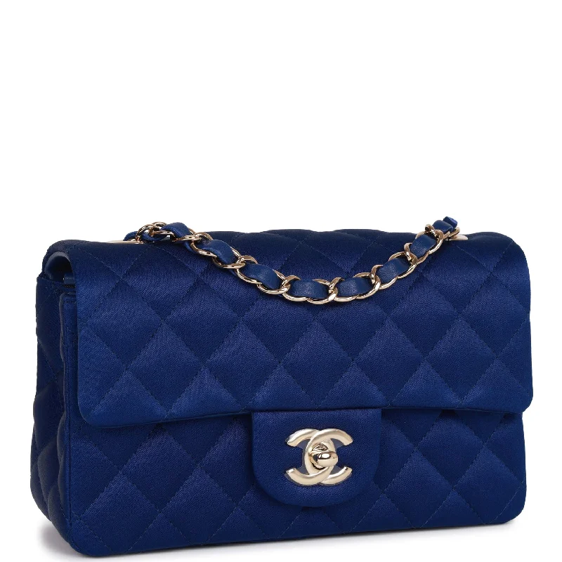 Chanel Mini Rectangular Flap Bag Blue Satin Light Gold Hardware