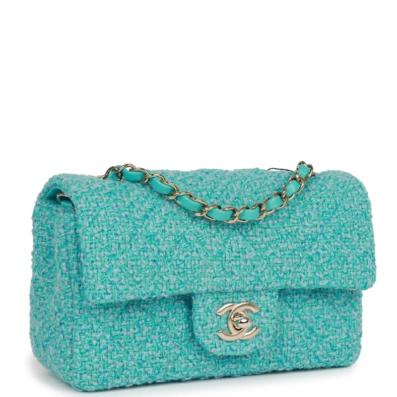 Chanel Mini Rectangular Flap Bag Blue Tweed Light Gold Hardware