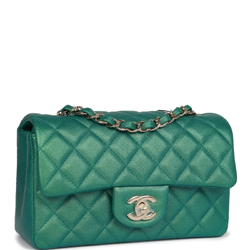 Chanel Mini Rectangular Flap Bag Green Iridescent Quilted Lambskin Light Gold Hardware