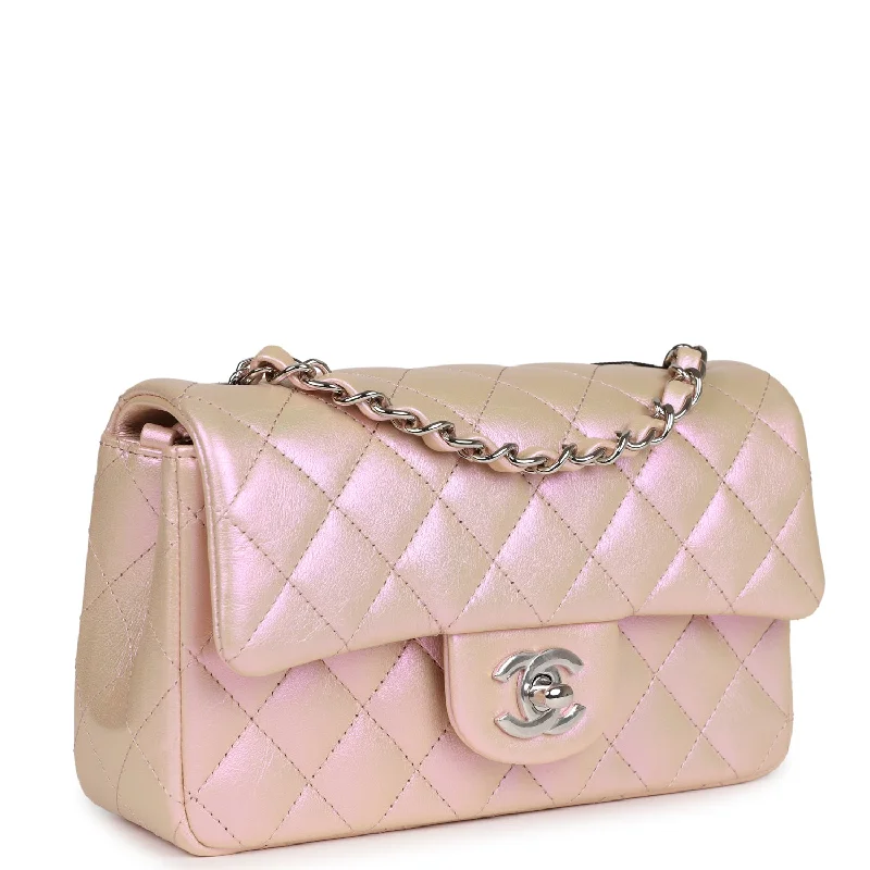 Chanel Mini Rectangular Flap Bag Pink Iridescent Calfskin Silver Hardware