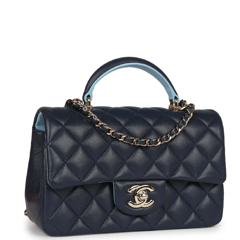 Chanel Mini Rectangular Flap Bag with Top Handle Dark Blue Lambskin Light Gold Hardware