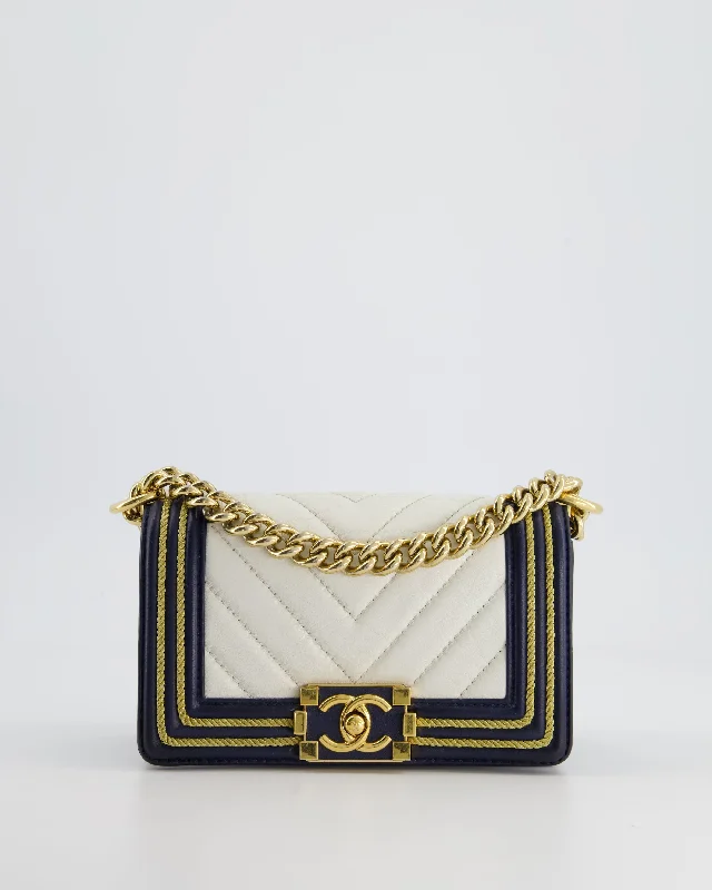 Chanel Navy and White 19C Small Boy Bag in Chevron Lambskin Leather and Gold Hardware with Gold Rope Trim Detailing