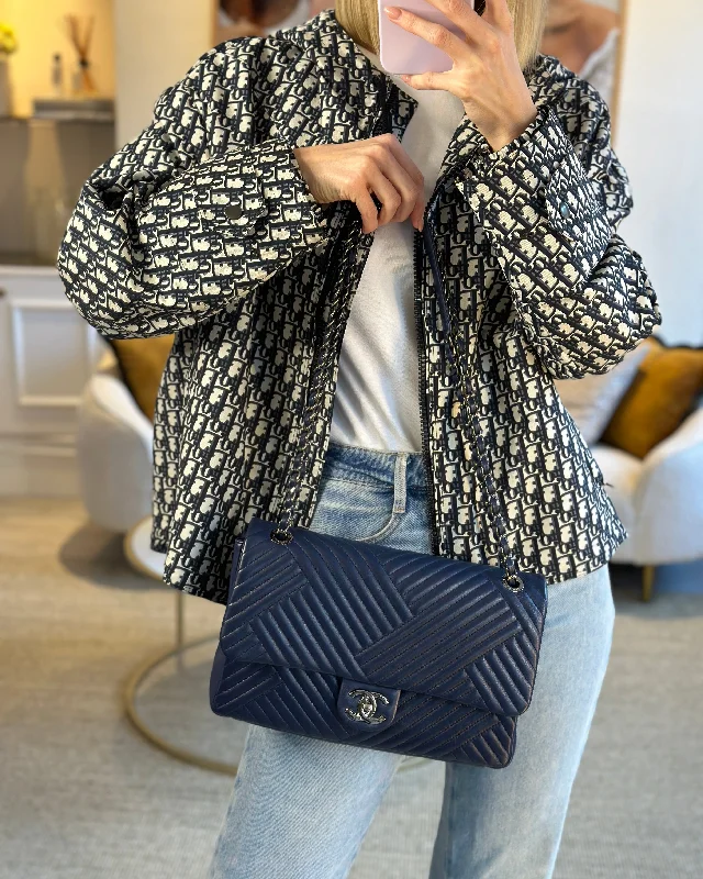 Chanel Navy Jumbo Chevron Quilted Flap Bag in Lambskin Leather with Gun Metal Silver Hardware