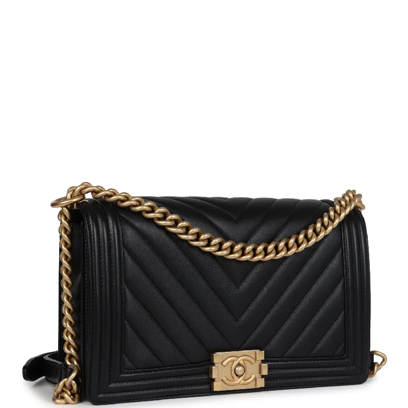 Chanel New Medium Chevron Boy Bag Black Calfskin Antique Gold Hardware