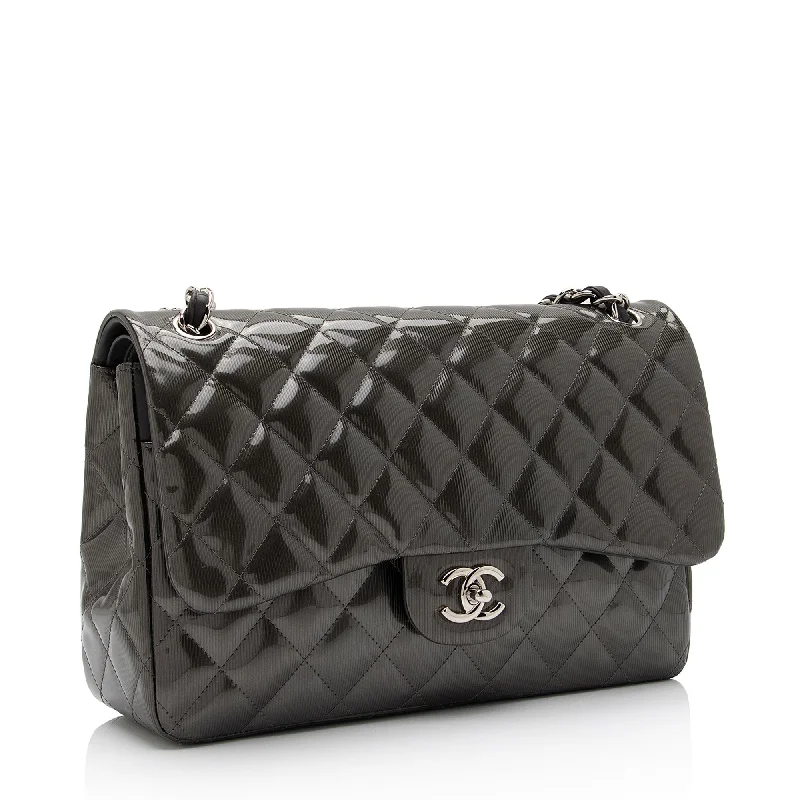 Chanel Patent Leather Stripe Classic Jumbo Double Flap Bag (xHciHb)