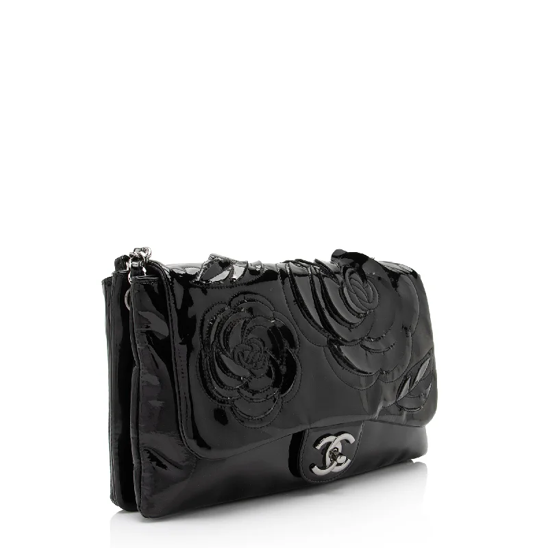 Chanel Patent Leather Tweed Petals Camellia Jumbo Single Flap Bag (ogJ8Wu)