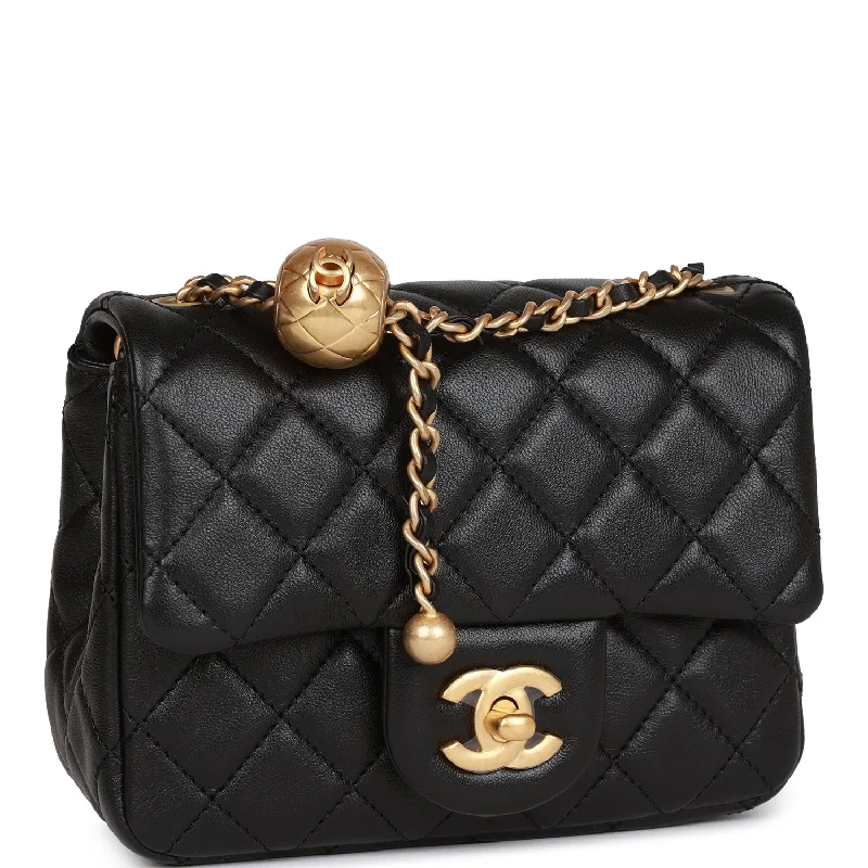 Chanel Pearl Crush Mini Square Flap Bag Black Lambskin Antique Gold Hardware