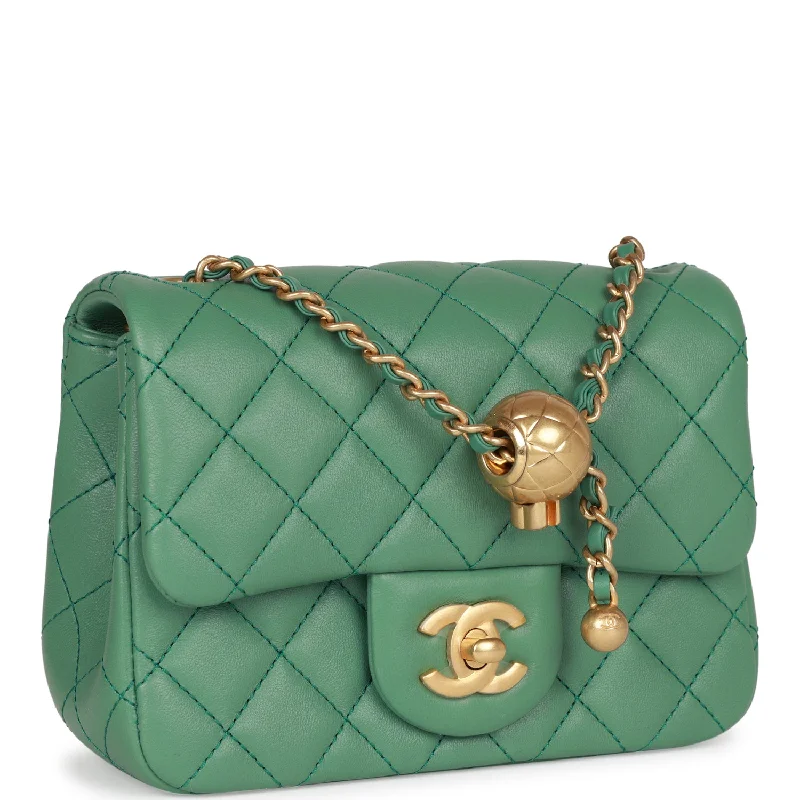 Chanel Pearl Crush Mini Square Flap Bag Dark Green Lambskin Antique Gold Hardware