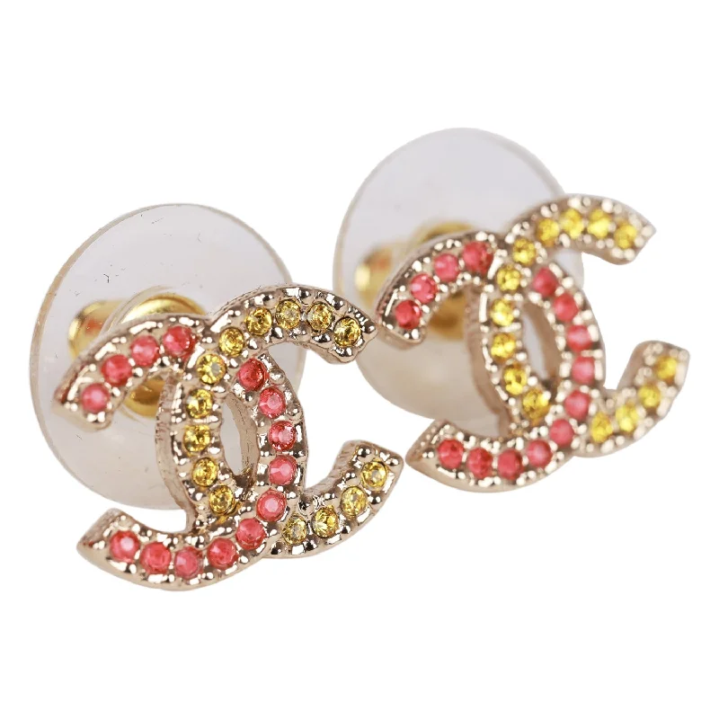 Chanel Pink and Gold Crystal CC Earrings