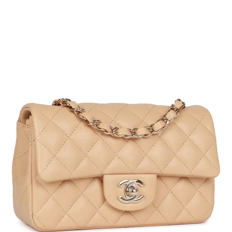 Chanel Mini Rectangular Flap Bag Beige Lambskin Light Gold Hardware