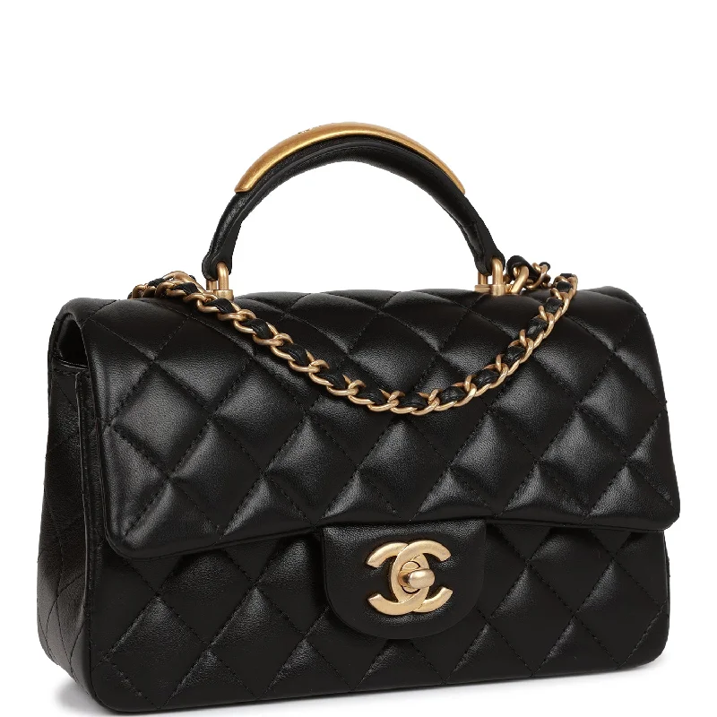 Chanel Rectangular Mini Flap Bag with Top Handle Black Lambskin Antique Gold Hardware