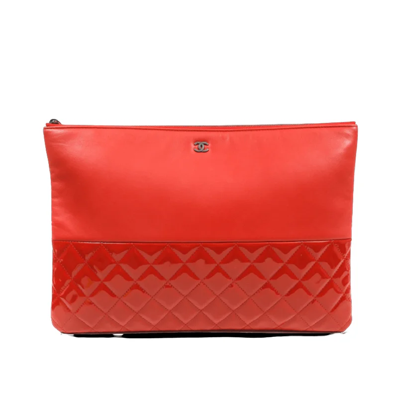 Chanel Red Lambskin and Patent Leather Clutch