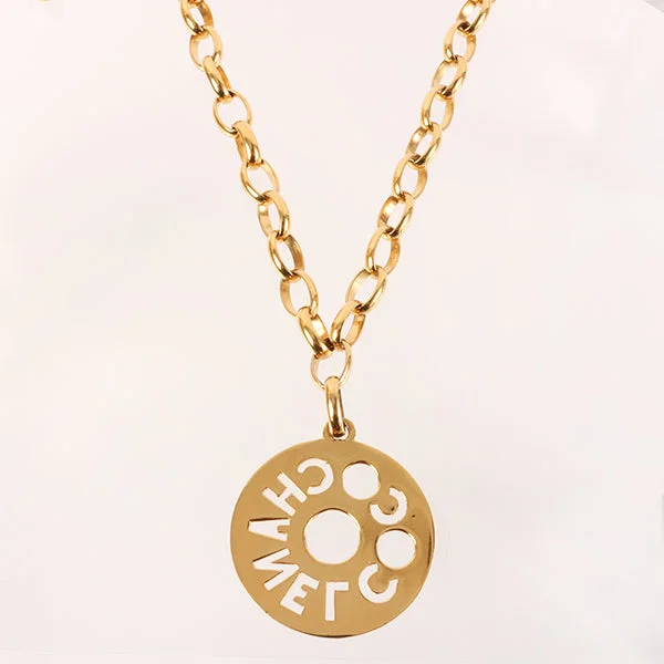 CHANEL Round Cutout Logo Plate Necklace