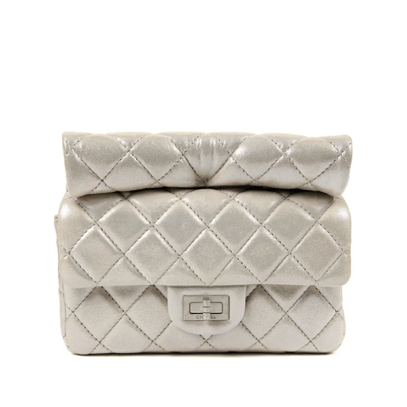 Chanel Silver Gold Leather Roll Handle Reissue Clutch