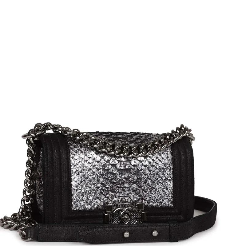 Chanel Small Boy Bag Black Suede and Silver Python Silver Hardware