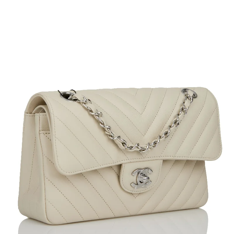 Chanel Small Chevron Classic Double Flap Ecru Calfskin Silver Hardware