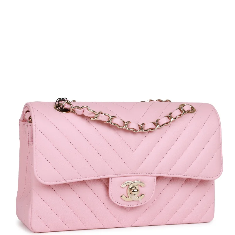 Chanel Small Chevron Classic Double Flap Pink Calfskin Light Gold Hardware