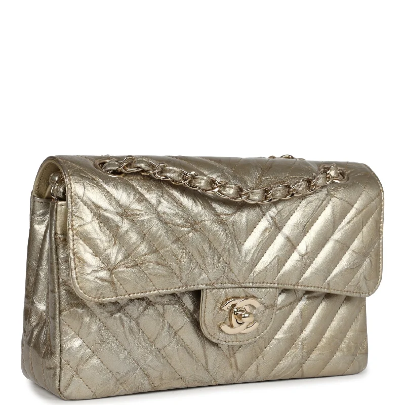 Chanel Small Chevron Double Flap Bag Gold Metallic Patent Aged Calfskin Light Gold Hardware