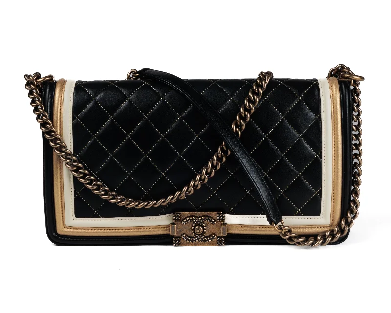 Chanel Tri Color Black/Gold/Ivory Medium Boy Bag w/ Antique Gold Hardware