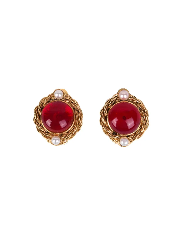 Chanel Vintage 1970s Dainty Golden Framed Red Gripoix Earrings