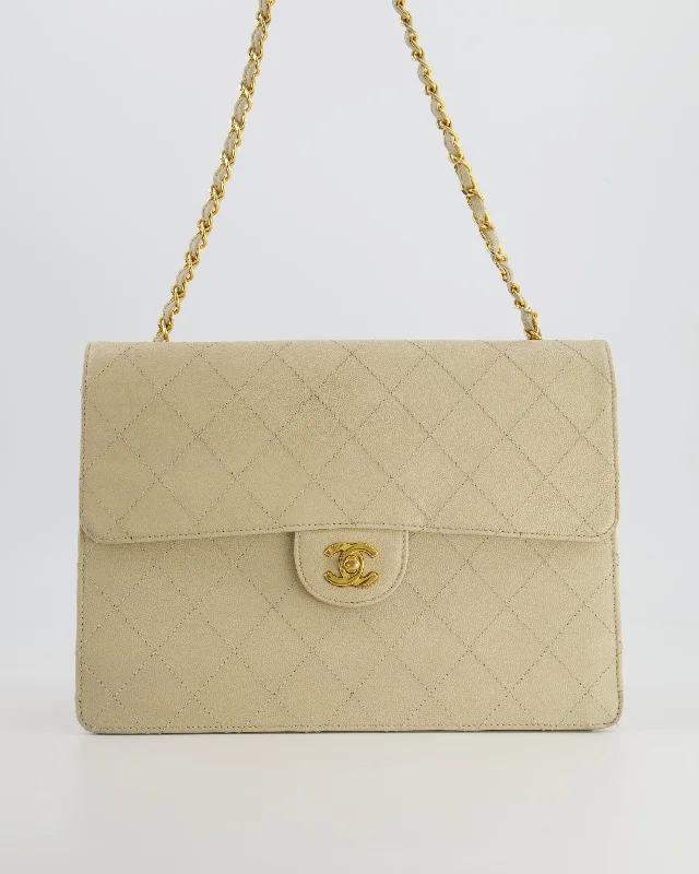 Chanel Vintage Beige Large Single Flap Bag in Caviar Leather with 24k Gold Hardware