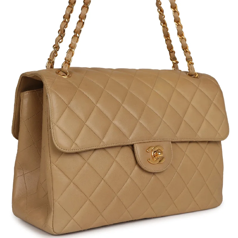 Chanel Vintage Double Sided Flap Bag Taupe Lambskin Gold Hardware