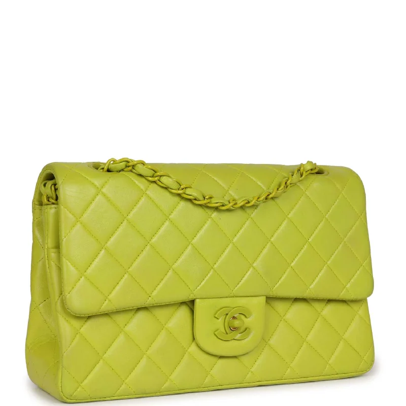 Vintage Chanel Medium Classic Double Flap Lime Green Lambskin Green Hardware