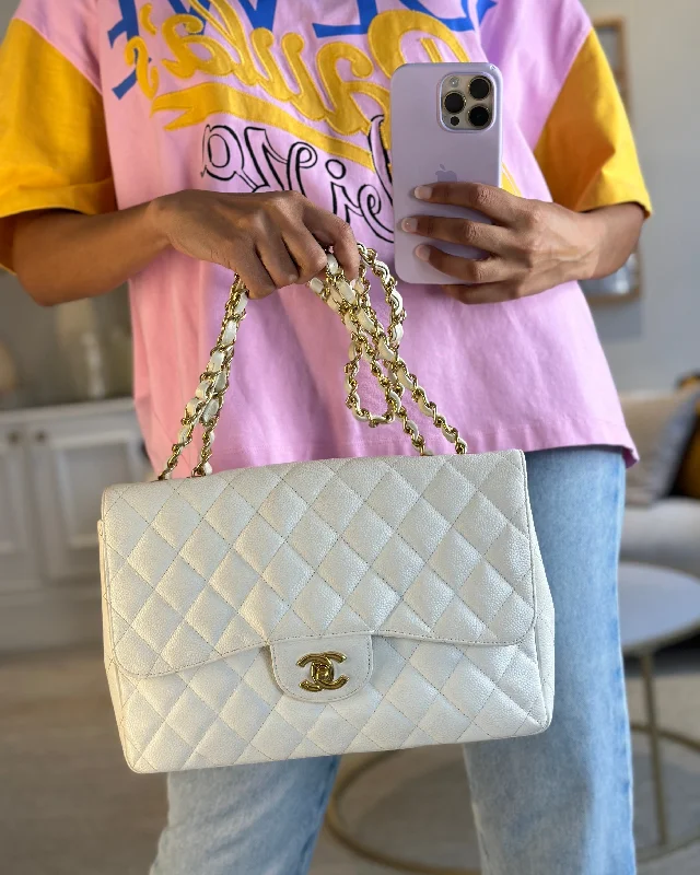 Chanel Vintage White Jumbo Classic Single Flap Bag in Caviar Leather with 24K Gold Hardware RRP £9,240