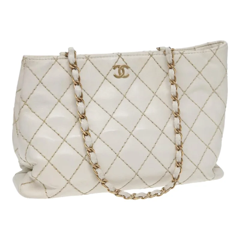 CHANEL Wild Stitch Chain Tote Bag Leather White Gold CC  bs17226