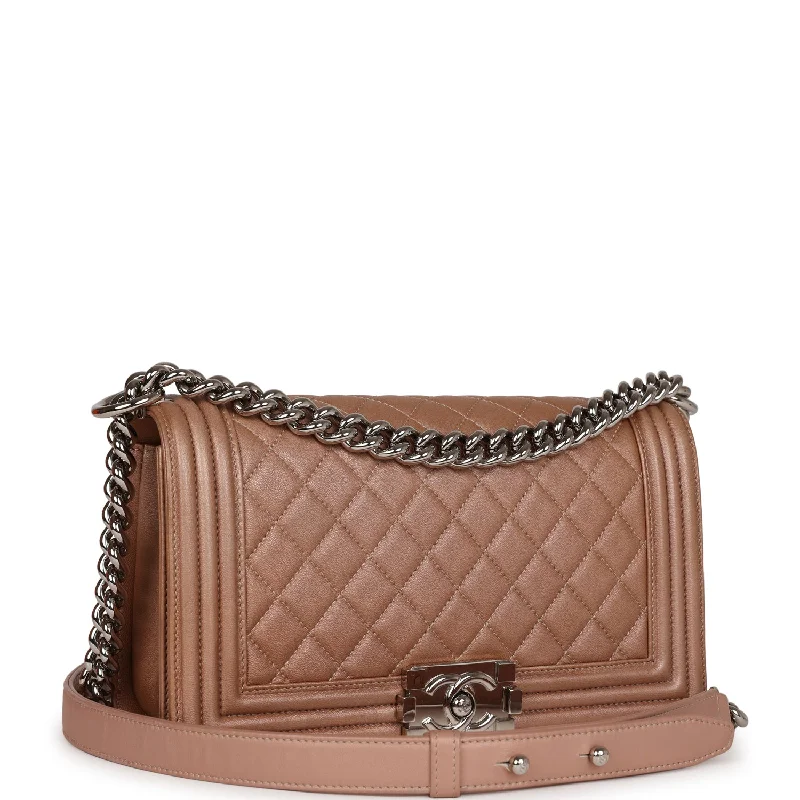 Chanel Medium Boy Bag Metallic Rose Gold Lambskin Silver Hardware