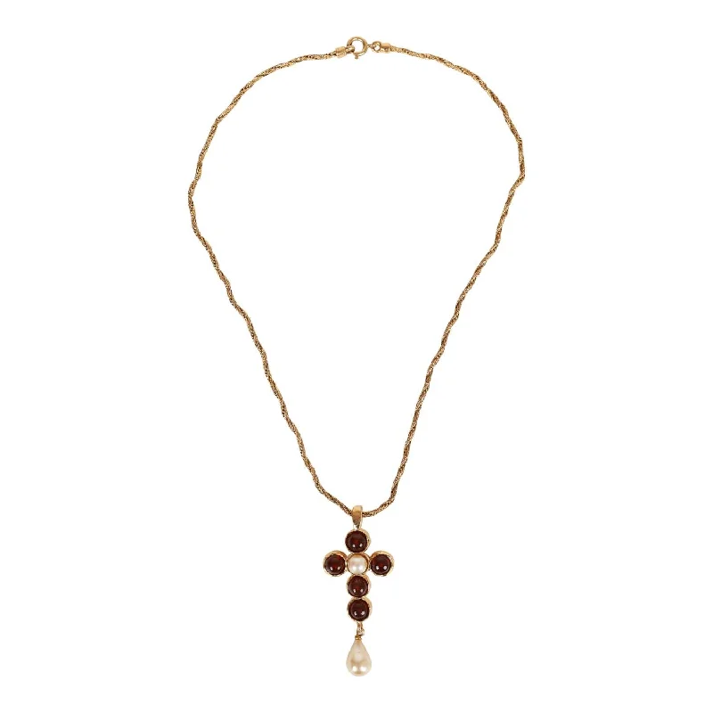 Chanel Vintage Gold Gripoix and Pearl Embellished Cross Pendant Necklace