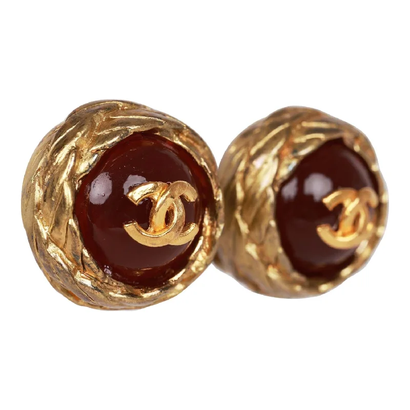 Chanel Vintage Gold CC Red Gripoix Stud Earrings