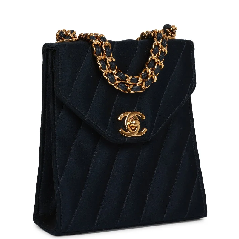 Chanel Vintage Mini Flap Bag Dark Blue Satin Gold Hardware