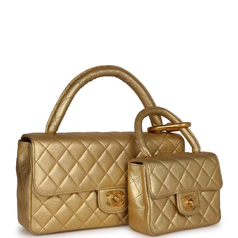 Vintage Chanel Kelly Parent and Child Flap Bag Set Gold Metallic Lambskin Gold Hardware