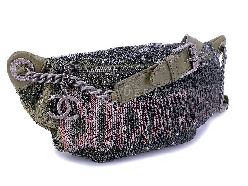 Chanel 17C Green Pink Sequin Coco Cuba Fanny Pack Belt Bum Bag