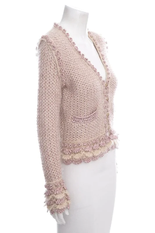 Chanel 2004 Fall Pink Shimmer Button Up Sweater SZ 38