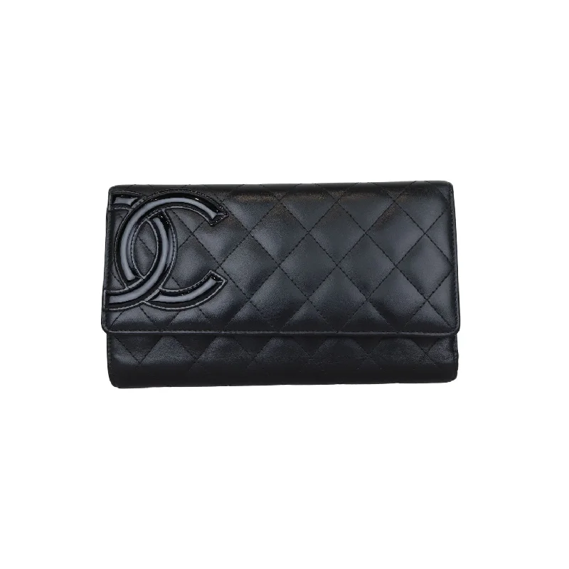 Cambon Gusset Flap Wallet Calfskin Quilted Black SHW