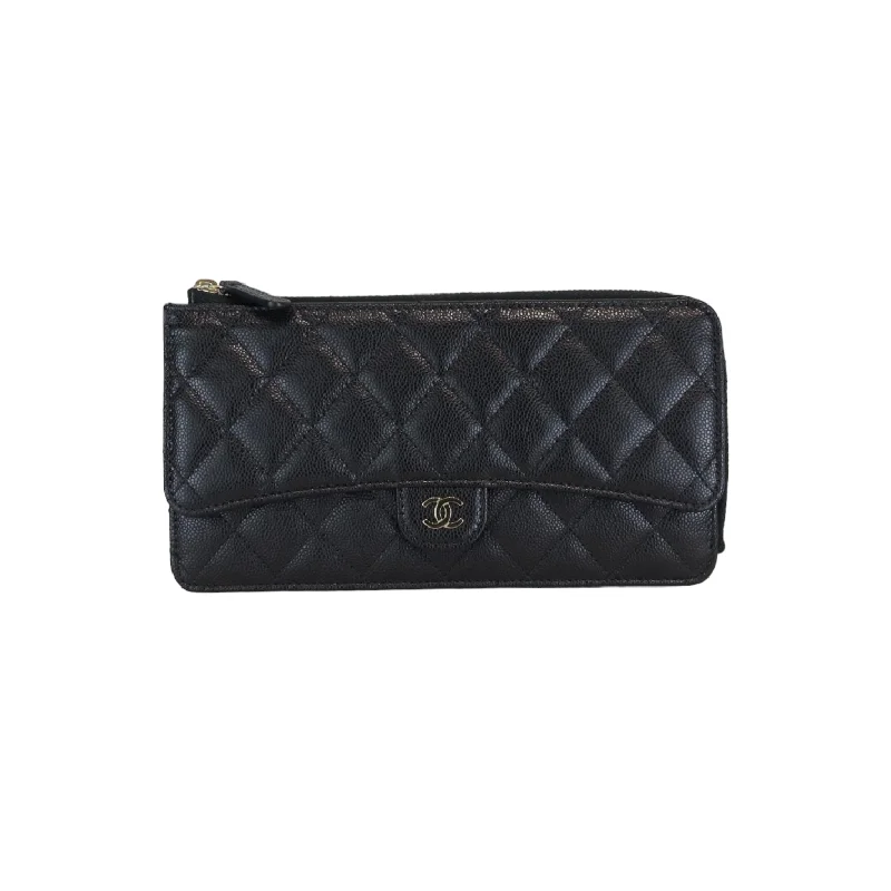 Caviar Quilted Long Flap Wallet With Top Zipper Black GHW