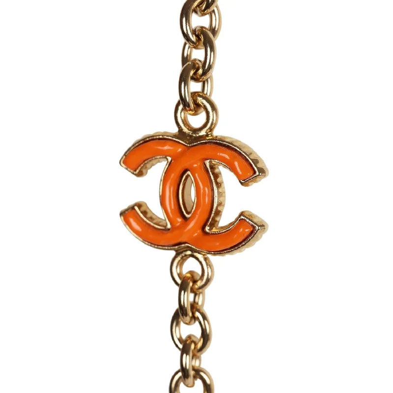 Chanel CC Beaded Sautoir Long Chain Necklace Orange Gold Metal